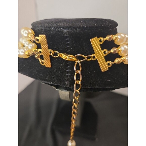 Vintage 3 Strand Faux Pearl Bridal Choker Goldtone & Rhinestone Accents 12"-16" - Picture 6 of 10